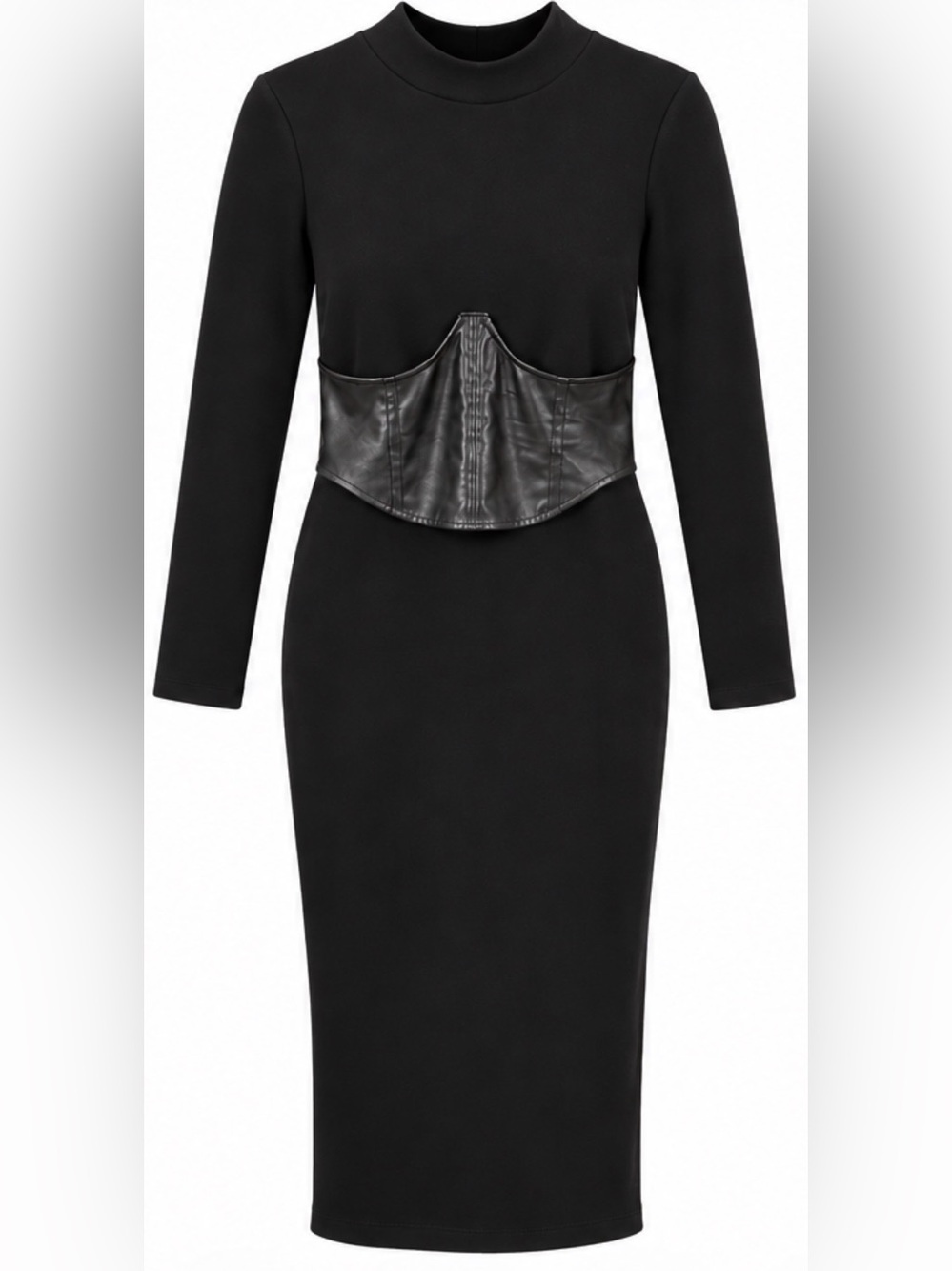 Black Long-Sleeve Midi Dress with Faux Leather Corset Waist